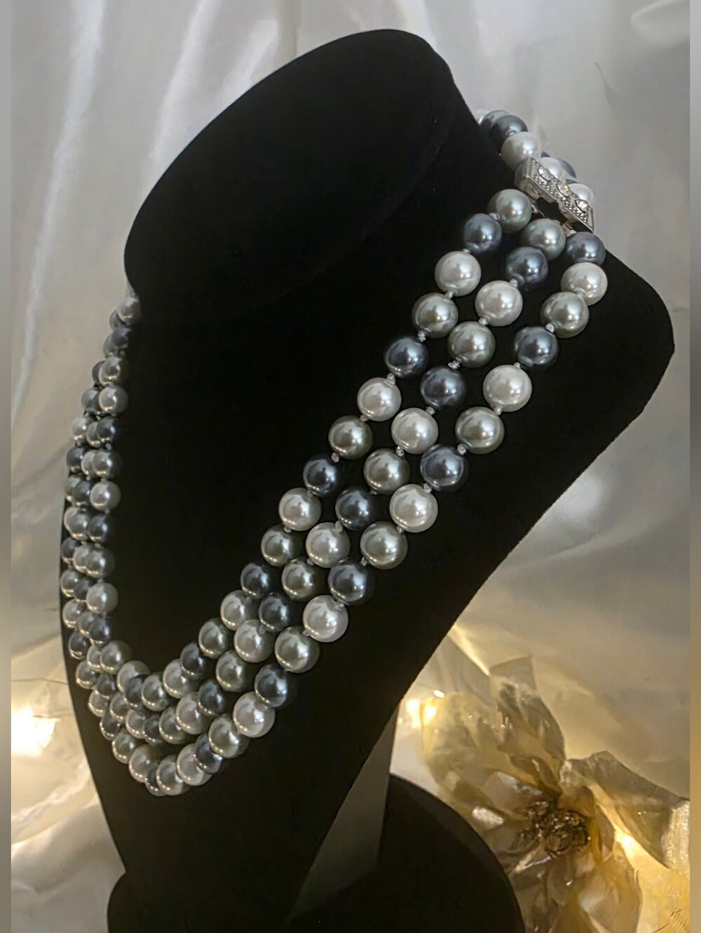 South Sea Shell Grey, Darker Grey & Ivory Necklace 8mm17/18/19 in Triple Strand 